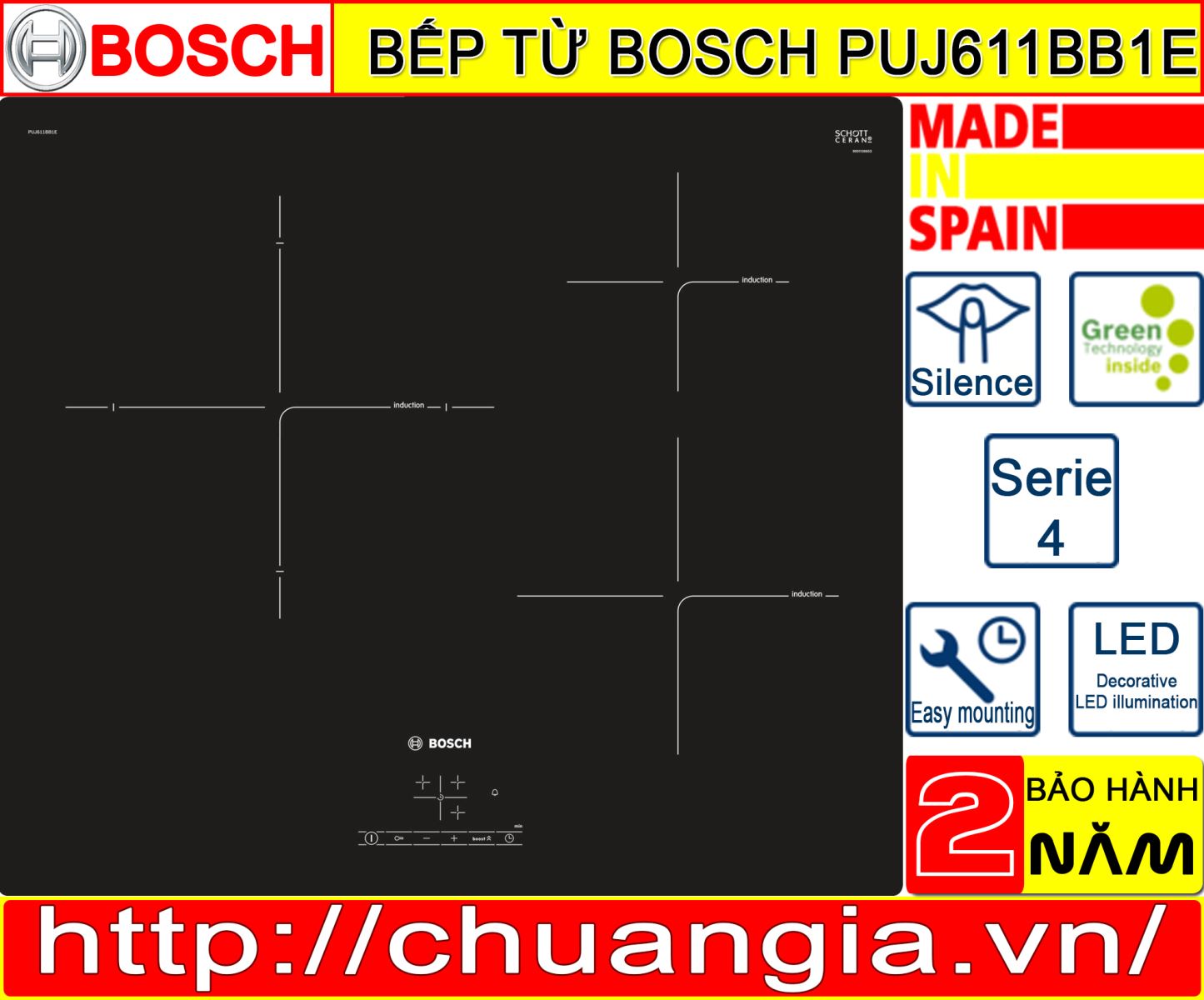 Bếp Từ Bosch PUJ611BB1E Serie 4, bếp từ bosch puj631bb2e, bep tu bosch puj611bb1e, bếp từ bosch puc631bb2e, bếp bosch, bếp từ puj611bb1e, bếp từ bosch thái sơn, bếp từ hồng ngoại bosch, bếp từ bosch 2 vùng nấu