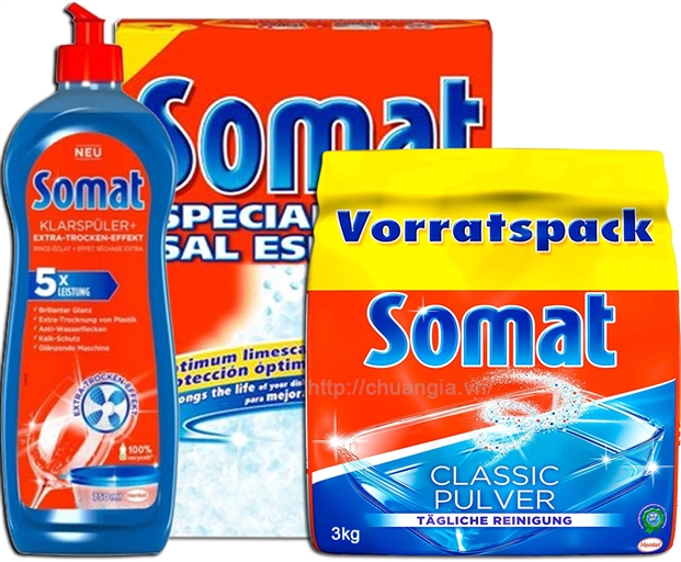 Bột rửa bát Somat 3kg + Nước Làm Bóng Somat 750ml + Muối Rửa Bát Somat 1,2 kg. Mua Conbo tiết kiệm 30.000 VNĐ so với mua lẻ từng sản phẩm.