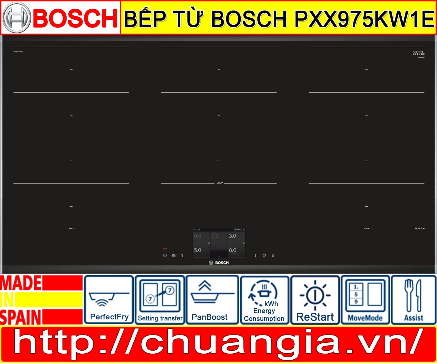 Bếp Từ Bosch PXX975KW1E, bosch pxx975kw1e, bếp từ pxx975kw1e, pxx975kw1e giá, bếp từ thông minh kết nối wifi, pxx975dc1e, bếp từ đa điểm, bếp từ bosch đa điểm