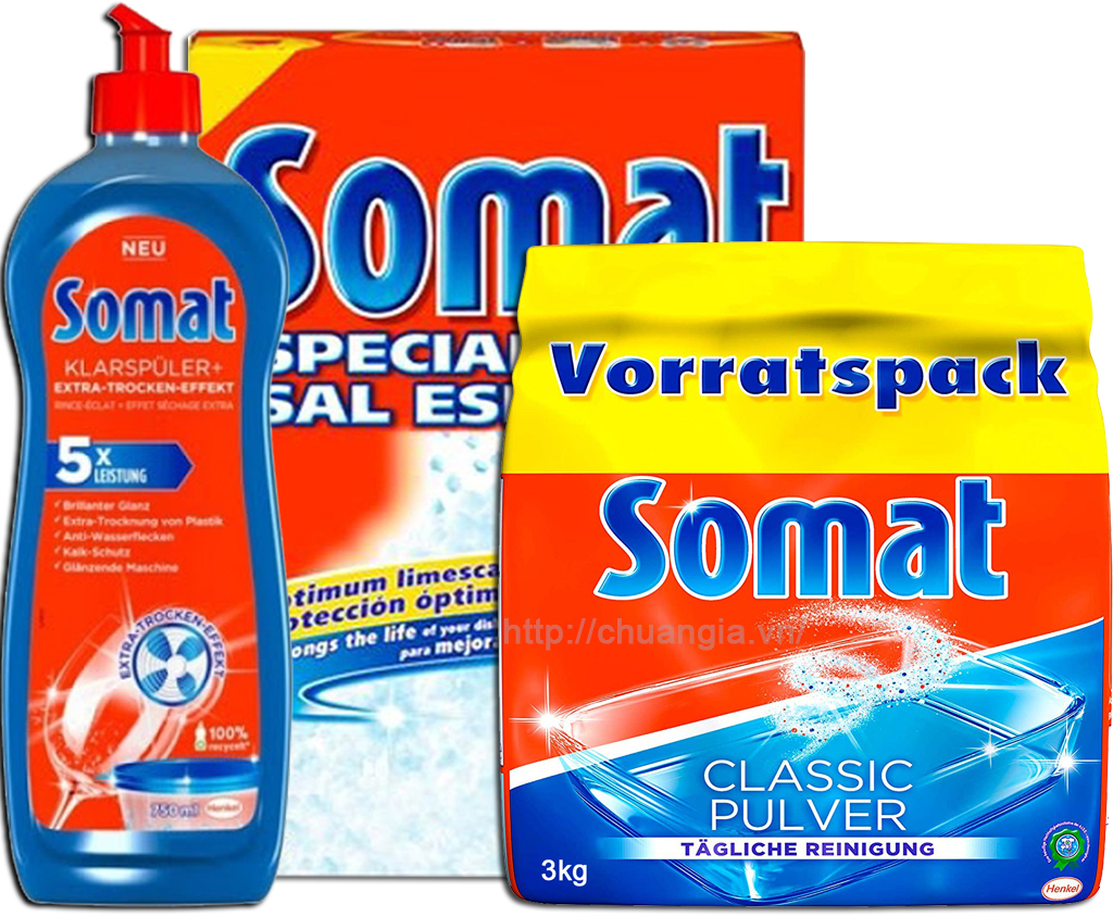 Bột rửa bát Somat 3kg + Nước Làm Bóng Somat 750ml + Muối Rửa Bát Somat 1,2 kg.